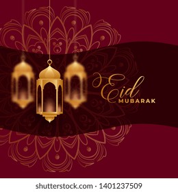 eid mubarak background with 3d hanging lamps