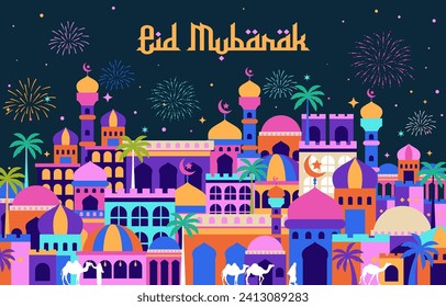 eid mubarak background with arabian night city. vector illustration