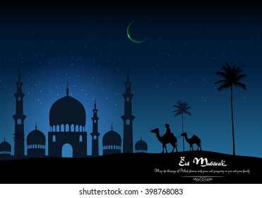 Eid mubarak background with Arabian riding camel and mosque on night.Vector