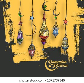 Eid Mubarak background with beautiful illuminated arabic lamp and hand drawn calligraphy lettering. Vector illustration. Eid Mubarak background with beautiful illuminated arabic lamp and hand drawn calligraphy lettering. Vector illustration.