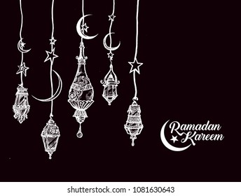 Eid Mubarak background with beautiful illuminated arabic lamp and hand drawn calligraphy lettering. Vector illustration.