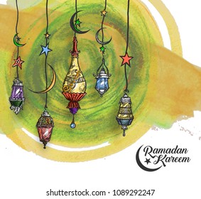 Eid Mubarak background with beautiful illuminated arabic lamp and hand drawn calligraphy lettering. Vector illustration.
