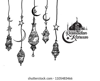 Eid Mubarak background with beautiful illuminated arabic lamp and hand drawn calligraphy lettering. Vector illustration.