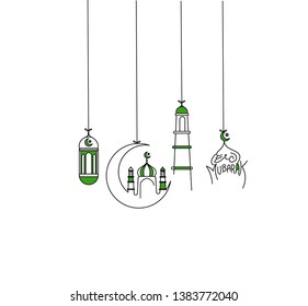 Eid Mubarak background with beautiful illuminated arabic lamp and hand drawn calligraphy lettering. Vector illustration.