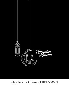 Eid Mubarak background with beautiful illuminated arabic lamp and hand drawn calligraphy lettering. Vector illustration.