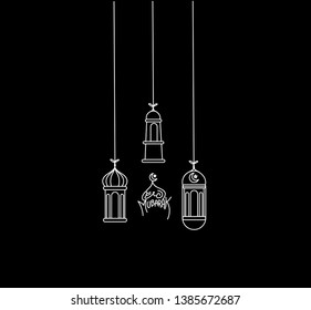 Eid Mubarak background with beautiful illuminated arabic lamp and hand drawn calligraphy lettering. Vector illustration.