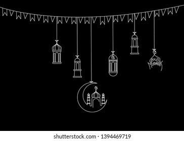 Eid Mubarak background with beautiful illuminated arabic lamp and hand drawn calligraphy lettering. Vector illustration.