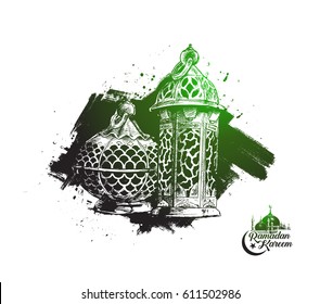 Eid Mubarak background with beautiful illuminated arabic lamp and hand drawn calligraphy stylish lettering Ramadan Kareem.. Vector illustration.