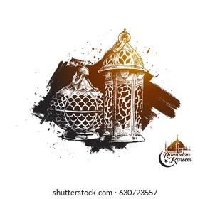 Eid Mubarak background with beautiful illuminated arabic lamp and hand drawn calligraphy lettering. Vector illustration.