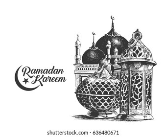 Eid Mubarak Hintergrund mit schöner illuminierter arabischer Lampe und handgezeichneter Kalligrafie-Schrift.  Vektorgrafik.