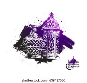 Eid Mubarak background with beautiful illuminated arabic lamp and hand drawn calligraphy lettering. Vector illustration.