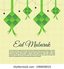 Eid mubarak fondo con gran ketupat verde. Tarjeta de felicitación Eid mubarak en estilo de elemento plano.