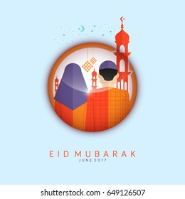 Eid Mubarak Background in circle shape with Muslim and Muslimah illustration. You can use for ramadan greeting card and Invitation card. Vector illustration