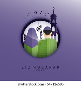 Eid Mubarak Background in circle shape with Muslim and Muslimah illustration. You can use for ramadan greeting card and Invitation card. Vector illustration