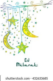  Eid Mubarak background with decorative hanging moon and stars.