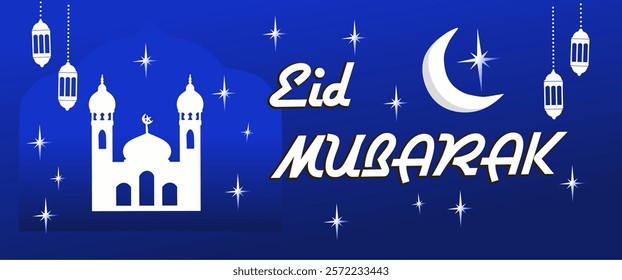 Eid Mubarak background with decorative Lanterns, Crescent and stars