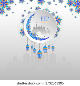 Diseño de fondo de Eid Mubarak con hermosa luna floral, mezquita y Mandala para publicidad promocional.