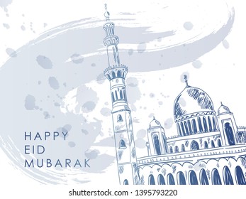 "eid mubarak" background design with detailed sketch of mosque