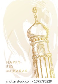 "eid mubarak" background design with detailed sketch of mosque