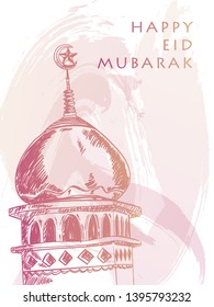 "eid mubarak" background design with detailed sketch of mosque