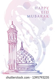 "eid mubarak" background design with detailed sketch of mosque