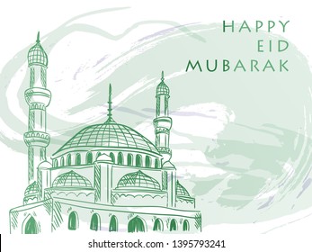 "eid mubarak" background design with detailed sketch of mosque