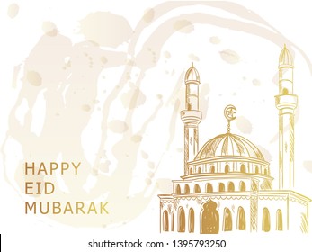 "eid mubarak" background design with detailed sketch of mosque
