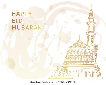 "eid mubarak" background design with detailed sketch of mosque