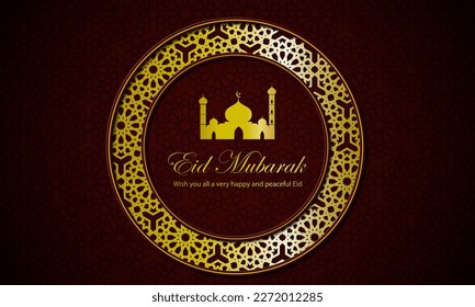 Eid mubarak background design with maroon color and gold pattern 