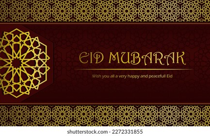 Eid mubarak background design with maroon color and gold pattern 