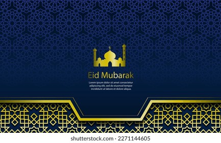 Diseño de fondo Eid mubarak con color de marina y patrón oro 