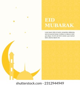 Eid mubarak background design. Simple islamic festival eid mubarak wish background. Stars, crescent, mosque minaret vector background illustration. Eid ul adha mubarak.