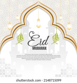 eid mubarak background with diamond decoration, gold light gray and white color theme simple modern