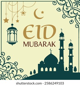 Eid Mubarak background featuring beautiful Islamic motifs, lanterns, crescent moons, stars, and vibrant colors, perfect for celebrating the joyous occasion of Eid al-Fitr. 