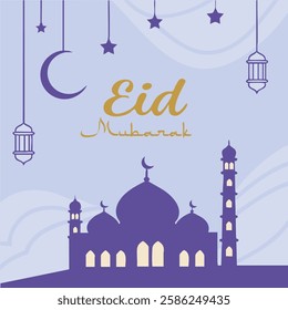 Eid Mubarak background featuring beautiful Islamic motifs, lanterns, crescent moons, stars, and vibrant colors, perfect for celebrating the joyous occasion of Eid al-Fitr. 