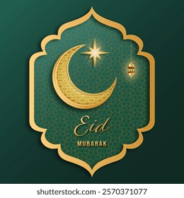 Eid Mubarak background with geometric pattern and crescent moon. Islamic backgrounds for posters, banners, greeting cards and more. Simple and luxury feeling.