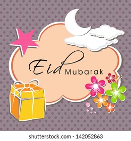Eid Mubarak Hintergrund mit Geschenkbox, Blumen und Mond.