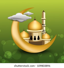Eid Mubarak background with golden moon with Mosque or Masjid. EPS 10.