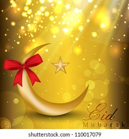 Eid Mubarak background with golden moon, star and red ribbon. EPS 10.