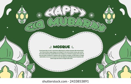 Eid mubarak background graphic grey mosque hand drawn vector illustration, good for wall, greeting card, element