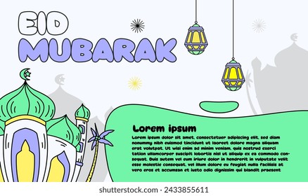 Eid mubarak background graphic mosque hand drawn vector illustration, good for wall, greeting card, element