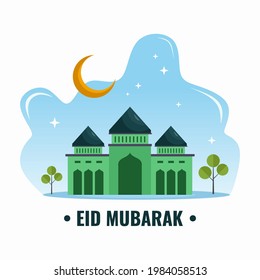 Eid mubarak background with half moon and green mosque. Eid mubarak greeting card with flat element style isolated on white background.
