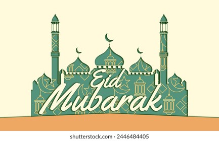 Eid Mubarak background illustration mosque paper cut style. Design banner, poster, or gift card 