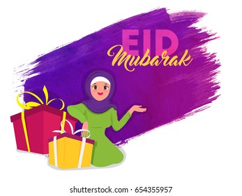 Eid Mubarak background with illustration of young Islamic woman sitting near gift boxes on abstract brush strokes.