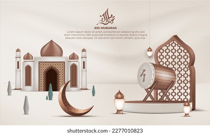 eid mubarak background with islamic drum, mosque and crescent moon