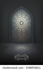 Eid Mubarak background with islamic mosque window with arabic pattern on a night sky backdrop