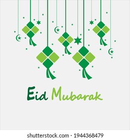Eid mubarak background with ketupat,crescent and stars for celebrate eid ul fitr or eid ul adha - Vector illustration