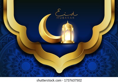 Eid mubarak background in luxury style. Vector illustration of dark blue islamic design with gold lantern and crescent moon for Islamic holy month celebrations. Islamic holiday festival celebration