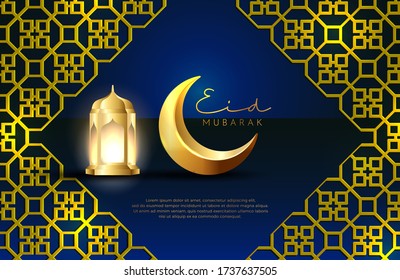 Eid mubarak fondo en estilo lujoso. Ilustración vectorial del diseño islámico verde oscuro con linterna dorada y luna creciente para las celebraciones del mes sagrado islámico. Celebración de festividades islámicas