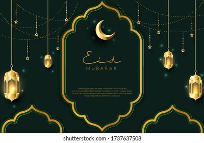 Eid mubarak background in luxury style. Vector illustration of dark green islamic design with gold lantern and crescent moon for Islamic holy month celebrations. Islamic holiday festival celebration